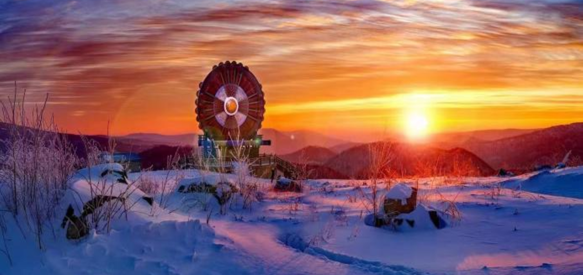 雪鄉雪景與夕陽